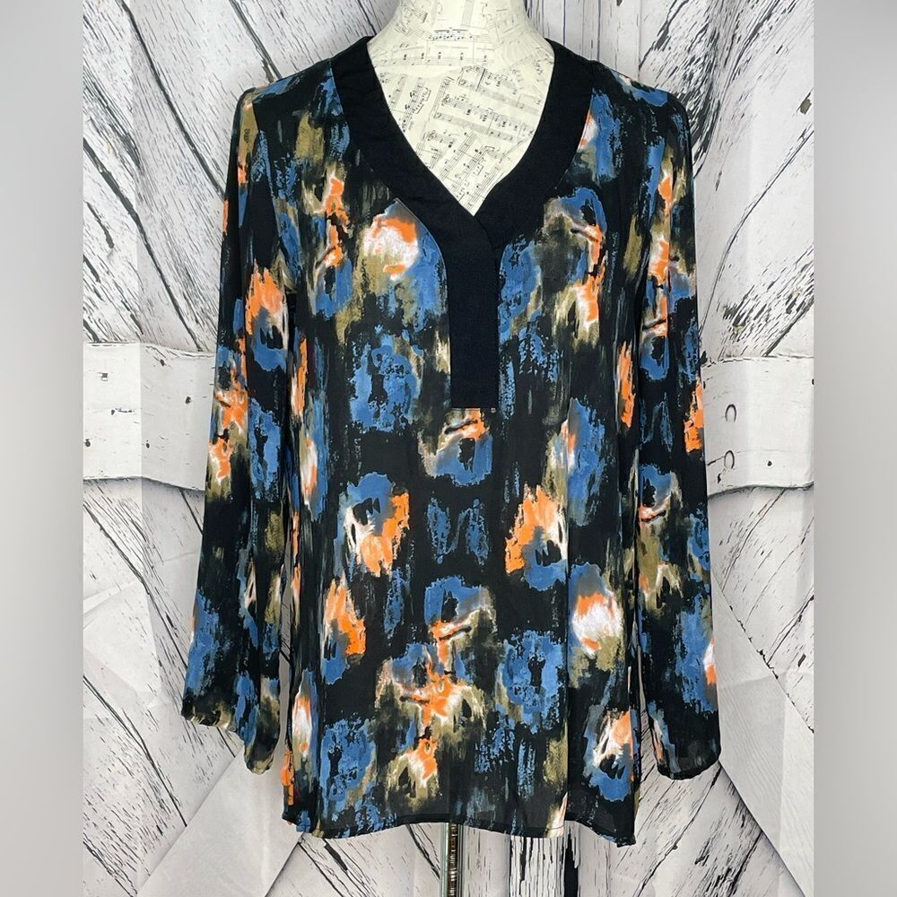NYDJ Black, Blue, Peach, Tan, & Ivory Abstract Print 3/4 Sleeve Blouse PM